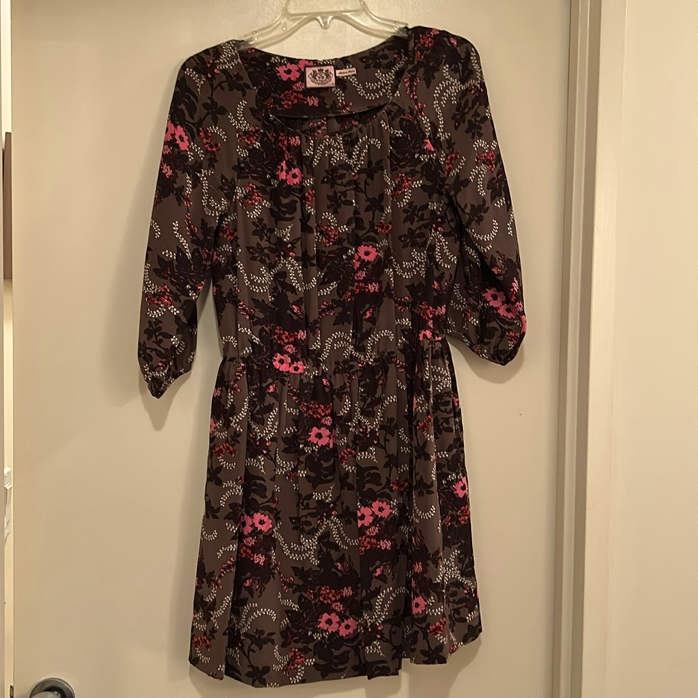 Juicy Couture silk dress in brown with pink and red flowers